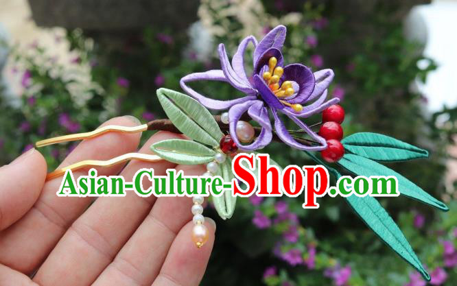 Chinese Ancient Princess Purple Silk Flower Hair Stick Handmade Song Dynasty Court Pearls Hairpin