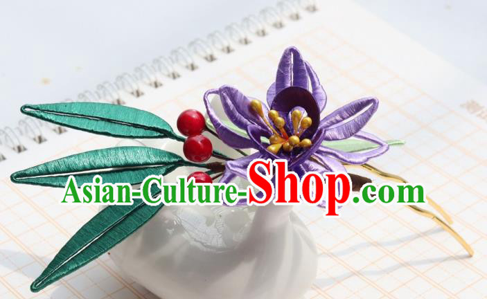 Chinese Ancient Princess Purple Silk Flower Hair Stick Handmade Song Dynasty Court Pearls Hairpin