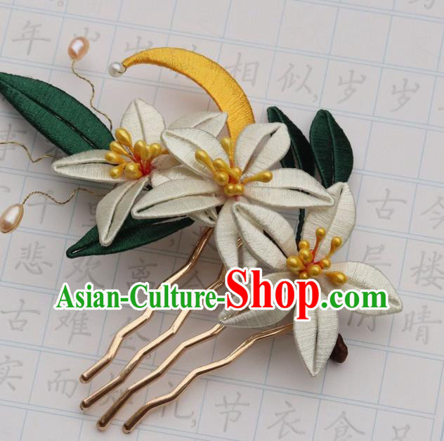 Chinese Ancient Young Beauty Hair Comb Handmade Song Dynasty Court Silk Moon Flowers Hairpin