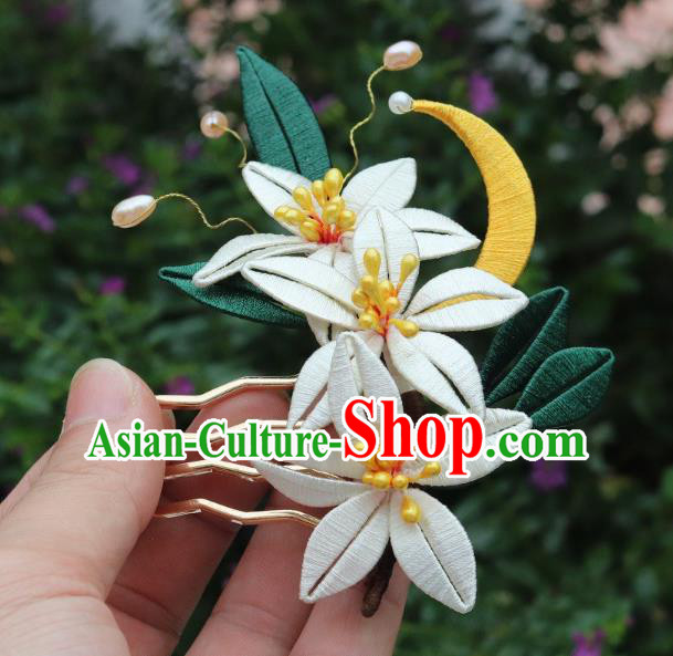 Chinese Ancient Young Beauty Hair Comb Handmade Song Dynasty Court Silk Moon Flowers Hairpin