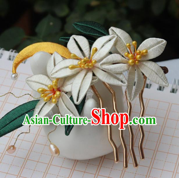 Chinese Ancient Young Beauty Hair Comb Handmade Song Dynasty Court Silk Moon Flowers Hairpin
