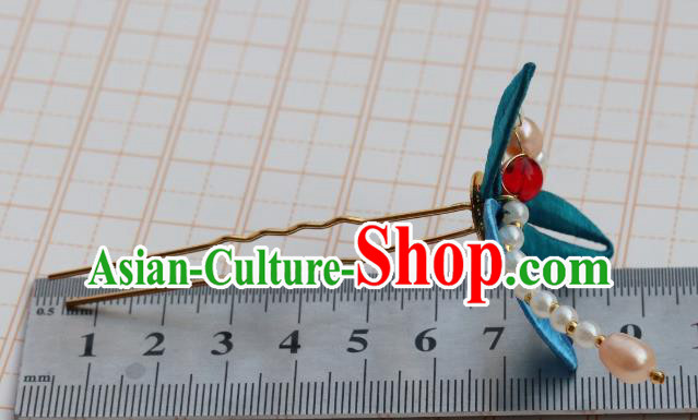Chinese Ancient Princess Blue Silk Hair Stick Handmade Song Dynasty Pearls Dragonfly Hairpin