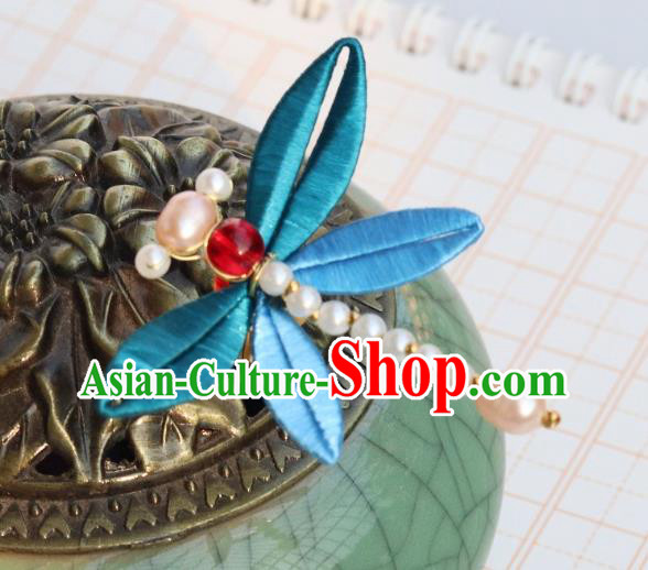 Chinese Ancient Princess Blue Silk Hair Stick Handmade Song Dynasty Pearls Dragonfly Hairpin