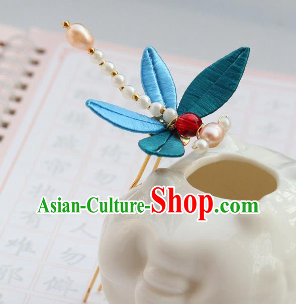 Chinese Ancient Princess Blue Silk Hair Stick Handmade Song Dynasty Pearls Dragonfly Hairpin