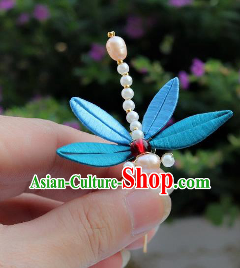 Chinese Ancient Princess Blue Silk Hair Stick Handmade Song Dynasty Pearls Dragonfly Hairpin