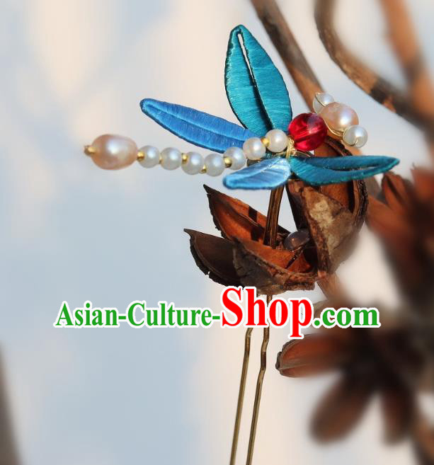 Chinese Ancient Princess Blue Silk Hair Stick Handmade Song Dynasty Pearls Dragonfly Hairpin
