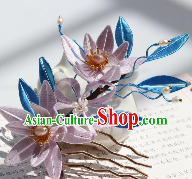 Chinese Ancient Court Lady Lilac Silk Epiphyllum Hair Comb Handmade Song Dynasty Princess Pearls Hairpin
