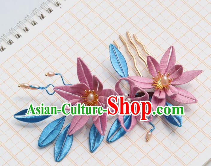 Chinese Handmade Pink Silk Epiphyllum Hair Comb Ancient Song Dynasty Princess Pearls Hairpin
