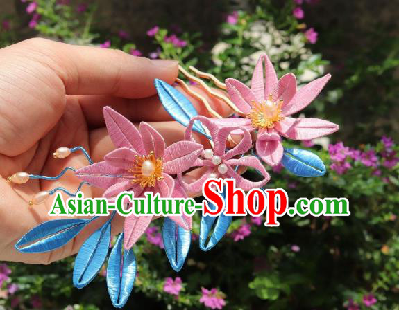 Chinese Handmade Pink Silk Epiphyllum Hair Comb Ancient Song Dynasty Princess Pearls Hairpin