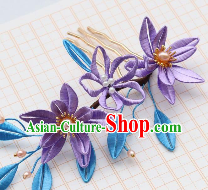 Chinese Handmade Pearls Hair Comb Ancient Song Dynasty Princess Purple Silk Epiphyllum Hairpin