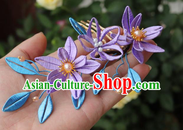 Chinese Handmade Pearls Hair Comb Ancient Song Dynasty Princess Purple Silk Epiphyllum Hairpin