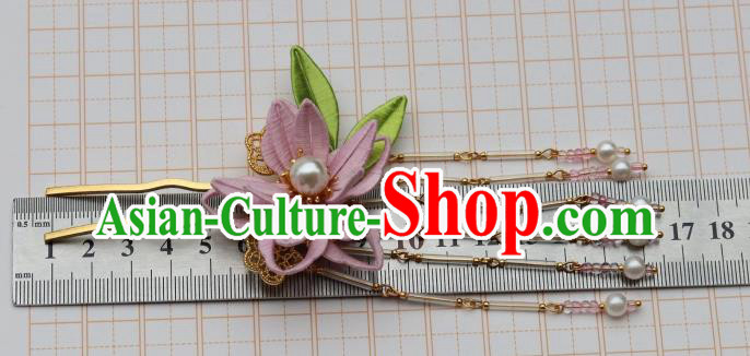Chinese Handmade Hanfu Tassel Hair Stick Ancient Ming Dynasty Princess Pink Silk Epiphyllum Hairpin