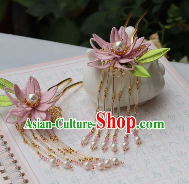 Chinese Handmade Hanfu Tassel Hair Stick Ancient Ming Dynasty Princess Pink Silk Epiphyllum Hairpin