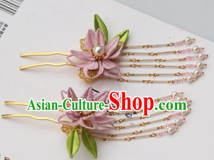 Chinese Handmade Hanfu Tassel Hair Stick Ancient Ming Dynasty Princess Pink Silk Epiphyllum Hairpin