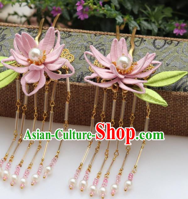 Chinese Handmade Hanfu Tassel Hair Stick Ancient Ming Dynasty Princess Pink Silk Epiphyllum Hairpin