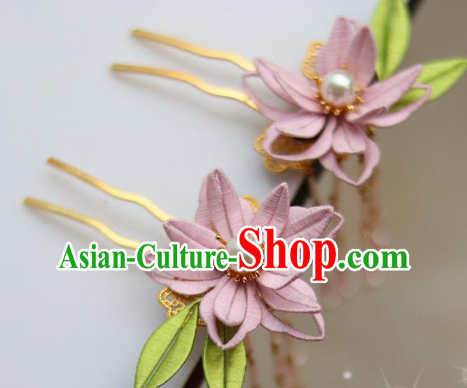 Chinese Handmade Hanfu Tassel Hair Stick Ancient Ming Dynasty Princess Pink Silk Epiphyllum Hairpin