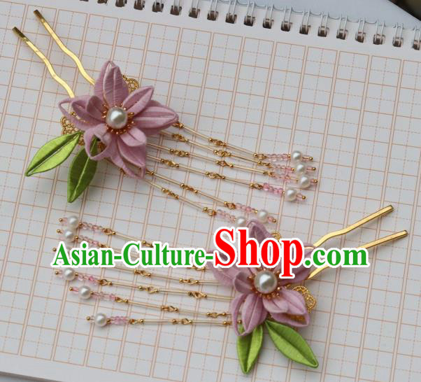 Chinese Handmade Hanfu Tassel Hair Stick Ancient Ming Dynasty Princess Pink Silk Epiphyllum Hairpin