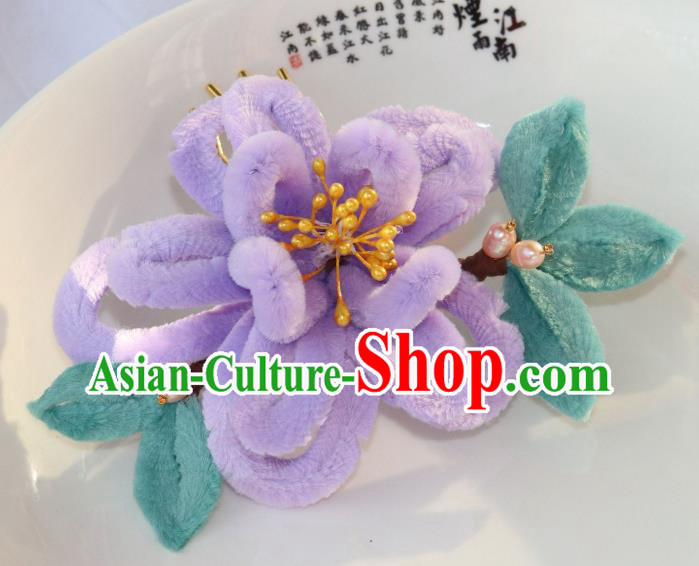 Chinese Ancient Hanfu Pearls Hairpin Traditional Ming Dynasty Princess Violet Velvet Hibiscus Hair Stick