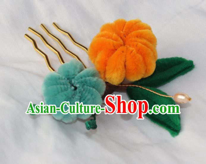 Chinese Ancient Court Hairpin Traditional Ming Dynasty Princess Velvet Chrysanthemum Hair Comb