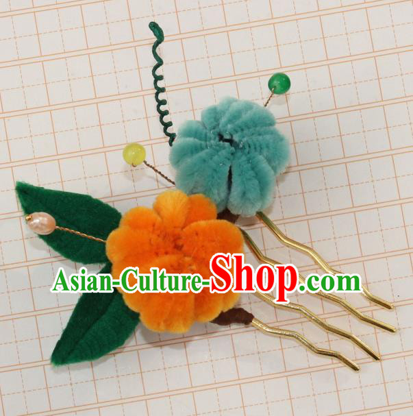 Chinese Ancient Court Hairpin Traditional Ming Dynasty Princess Velvet Chrysanthemum Hair Comb