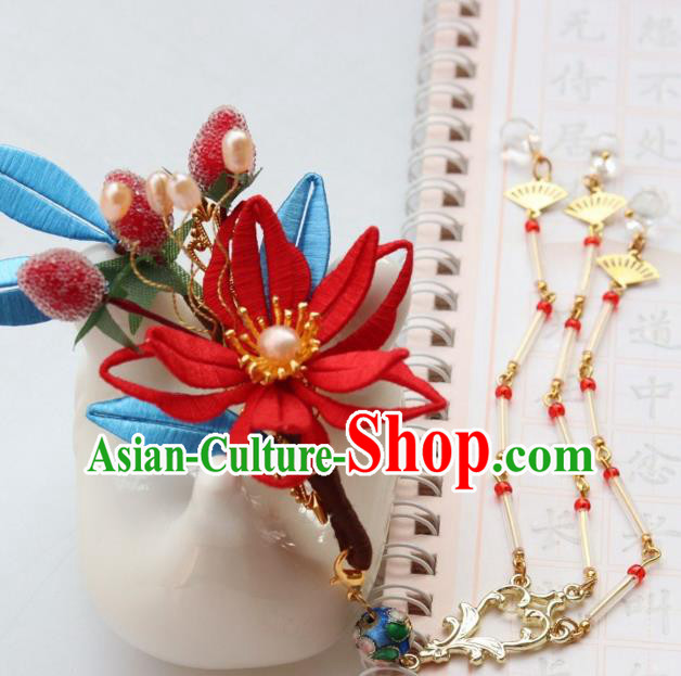 Chinese Handmade Long Tassel Hair Stick Ancient Ming Dynasty Princess Strawberry Flower Hair Claw