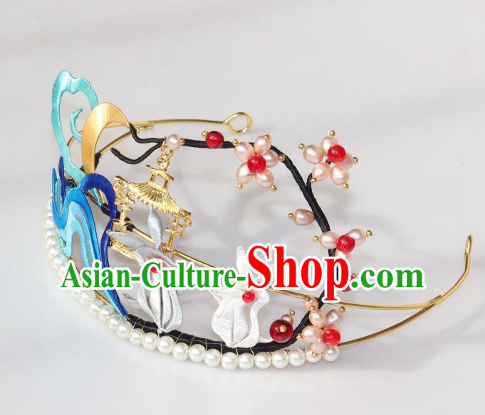 Chinese Ancient Princess Pearls Hair Clasp Traditional Song Dynasty Silk Moon Rabbit Hair Crown