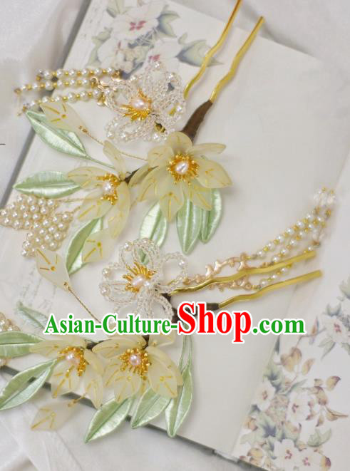 Chinese Handmade Beads Flowers Hair Stick Ancient Ming Dynasty Princess Pearls Tassel Hairpin