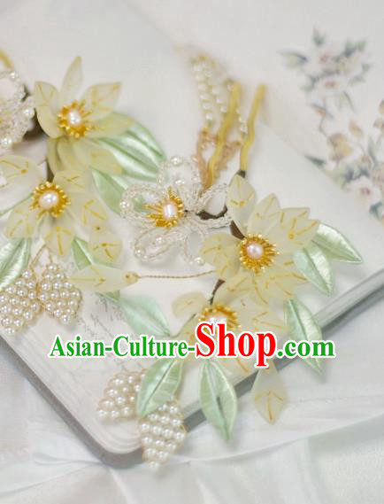 Chinese Handmade Beads Flowers Hair Stick Ancient Ming Dynasty Princess Pearls Tassel Hairpin