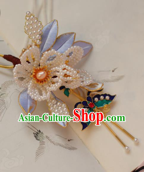 Chinese Handmade Pearls Tassel Hair Stick Ancient Ming Dynasty Empress Cloisonne Butterfly Plum Hairpin
