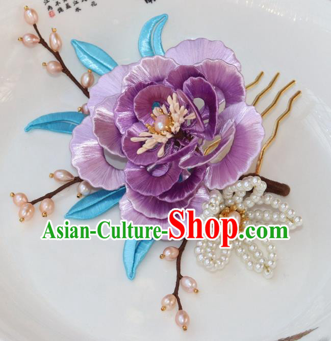 Chinese Ancient Noble Woman Hairpin Traditional Ming Dynasty Princess Lilac Peony Hair Comb