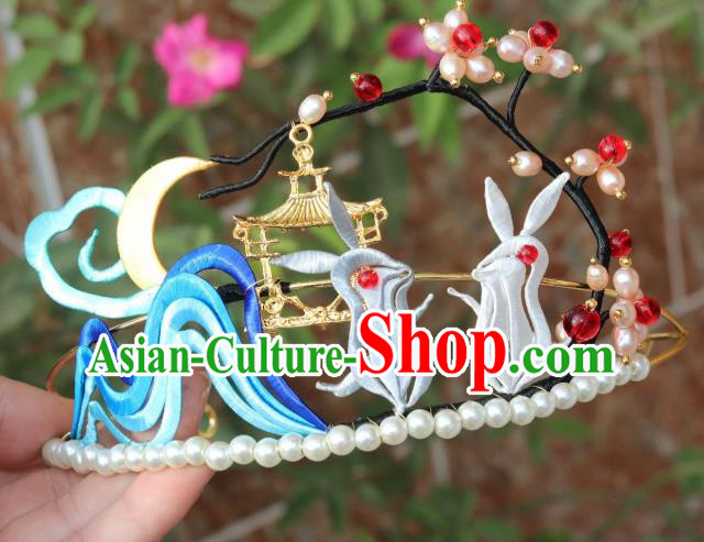 Chinese Ancient Princess Pearls Hair Clasp Traditional Song Dynasty Silk Moon Rabbit Hair Crown