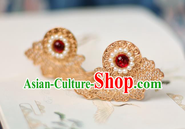 Chinese Handmade Golden Cloud Hairpins Ancient Tang Dynasty Princess Pearls Hair Stick