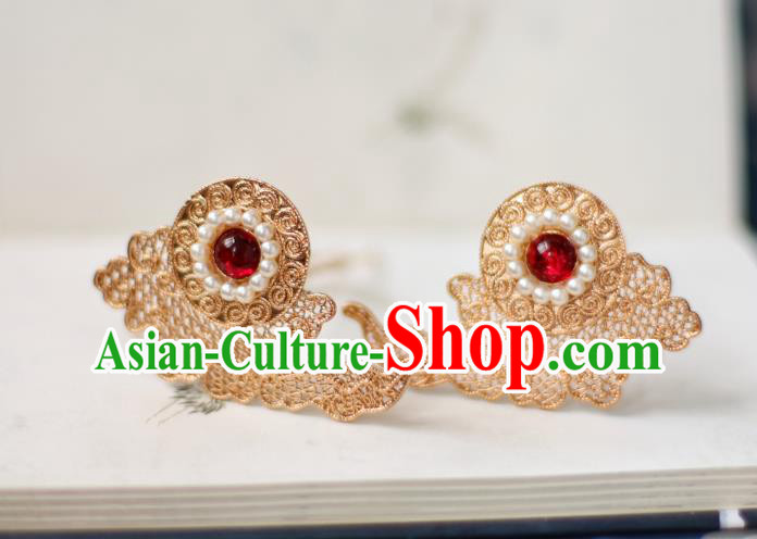 Chinese Handmade Golden Cloud Hairpins Ancient Tang Dynasty Princess Pearls Hair Stick