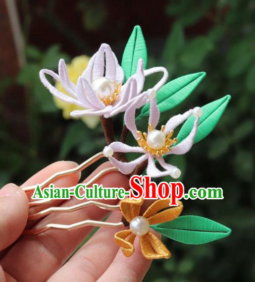 Chinese Handmade Pearls Hair Stick Ancient Ming Dynasty Princess Silk Orchids Hair Comb