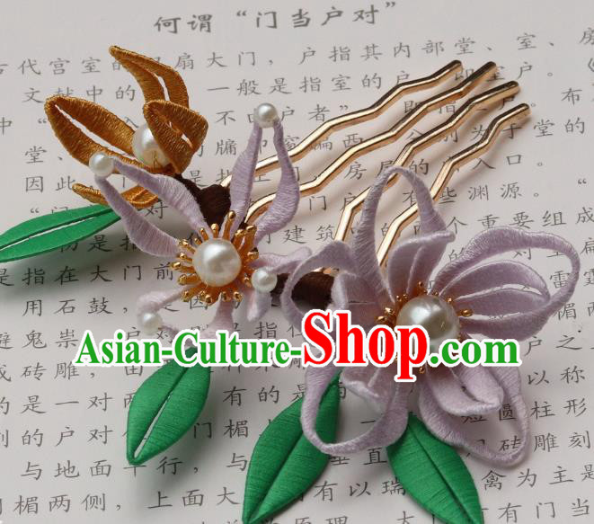 Chinese Handmade Pearls Hair Stick Ancient Ming Dynasty Princess Silk Orchids Hair Comb