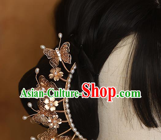 Chinese Traditional Ming Dynasty Golden Butterfly Hair Stick Ancient Princess Pearls Hairpin