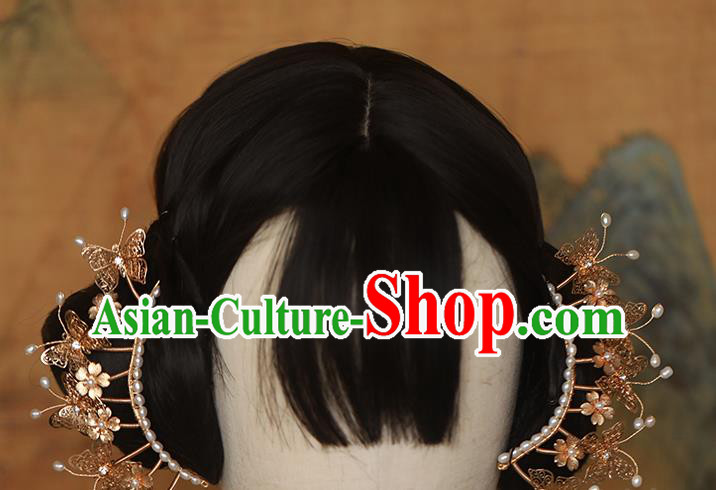 Chinese Traditional Ming Dynasty Golden Butterfly Hair Stick Ancient Princess Pearls Hairpin