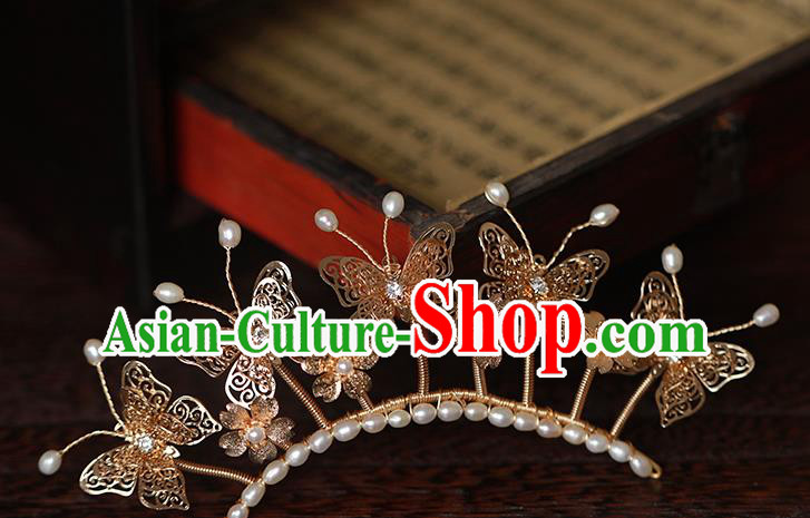 Chinese Traditional Ming Dynasty Golden Butterfly Hair Stick Ancient Princess Pearls Hairpin