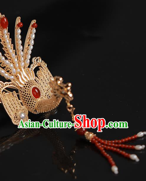 Chinese Traditional Song Dynasty Court Red Tassel Hair Crown Ancient Empress Golden Phoenix Pearls Hairpin