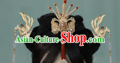 Chinese Traditional Song Dynasty Court Red Tassel Hair Crown Ancient Empress Golden Phoenix Pearls Hairpin