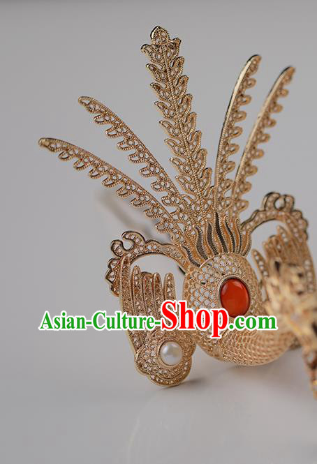 Chinese Traditional Song Dynasty Court Red Tassel Hair Crown Ancient Empress Golden Phoenix Pearls Hairpin
