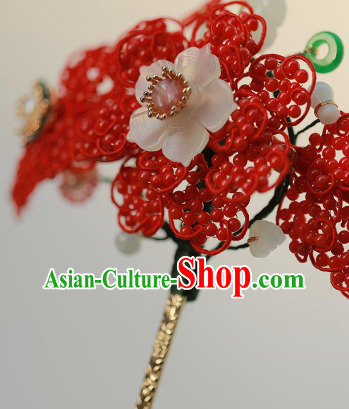 Chinese Traditional Qing Dynasty Red Beads Hair Stick Ancient Empress Jade Butterfly Hairpin