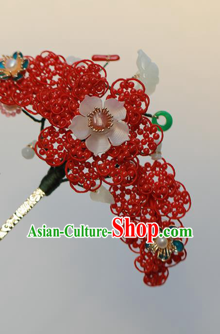 Chinese Traditional Qing Dynasty Red Beads Hair Stick Ancient Empress Jade Butterfly Hairpin