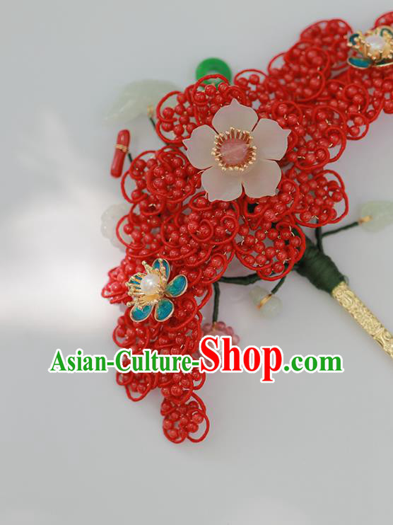 Chinese Traditional Qing Dynasty Red Beads Hair Stick Ancient Empress Jade Butterfly Hairpin