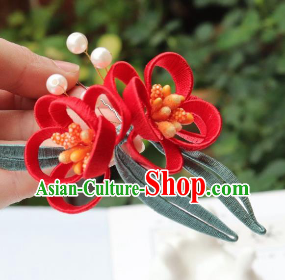 Chinese Handmade Hanfu Hair Stick Ancient Ming Dynasty Princess Red Flowers Hairpin