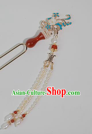 Chinese Ancient Empress Pearls Tassel Hairpin Traditional Qing Dynasty Agate Vase Hair Stick