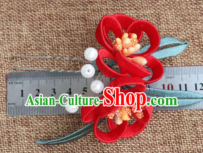Chinese Handmade Hanfu Hair Stick Ancient Ming Dynasty Princess Red Flowers Hairpin