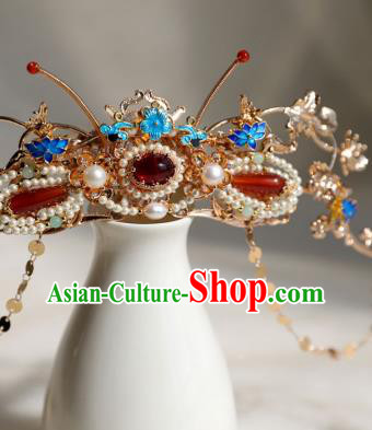 Chinese Ancient Palace Lady Pearls Tassel Hairpin Traditional Ming Dynasty Blueing Hair Crown