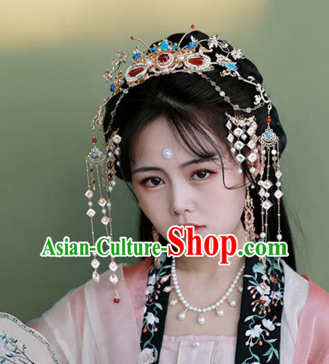 Chinese Ancient Palace Lady Pearls Tassel Hairpin Traditional Ming Dynasty Blueing Hair Crown