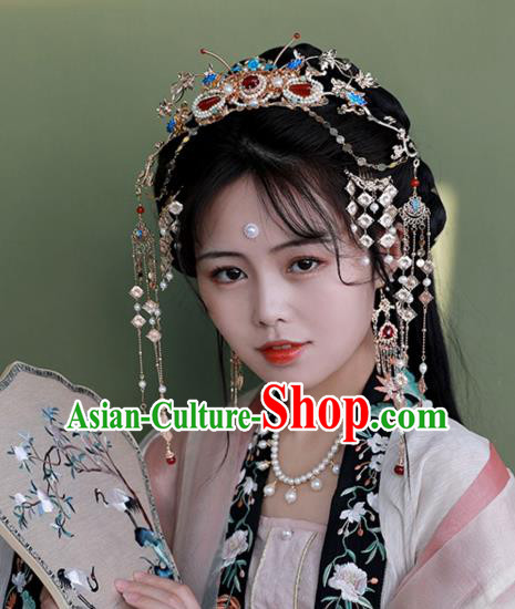 Chinese Ancient Palace Lady Pearls Tassel Hairpin Traditional Ming Dynasty Blueing Hair Crown